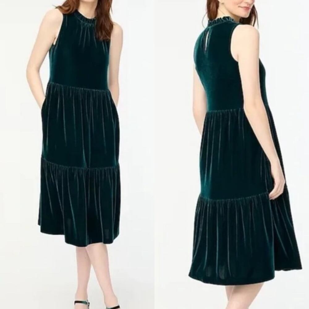 New J. Crew Factory Velvet Sleeveless‎ Midi Dress Green 0 Holiday Party Cocktail